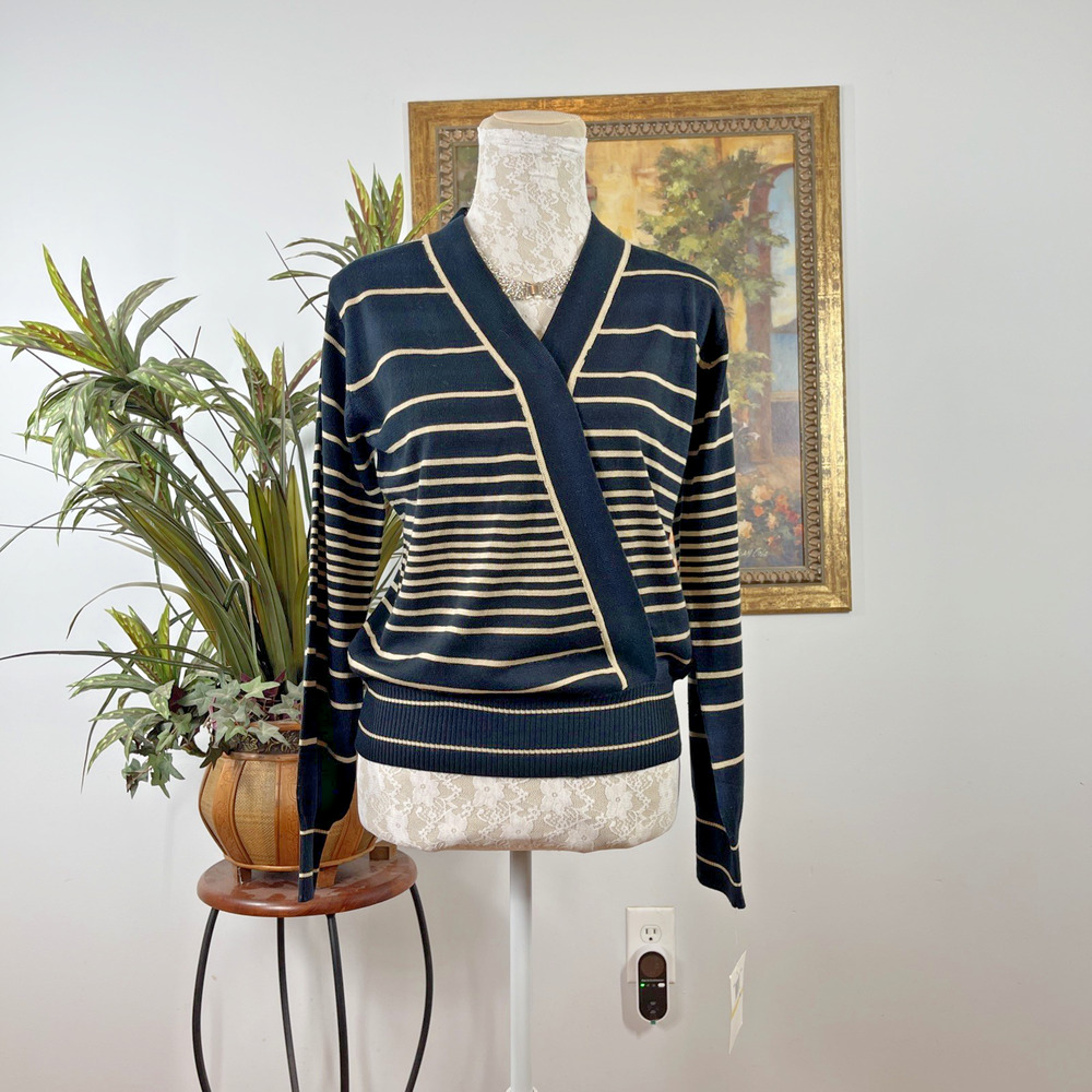 Erika Petite Women's PM Black Beige Striped Wrap V Neck Knit Sweater Pullover